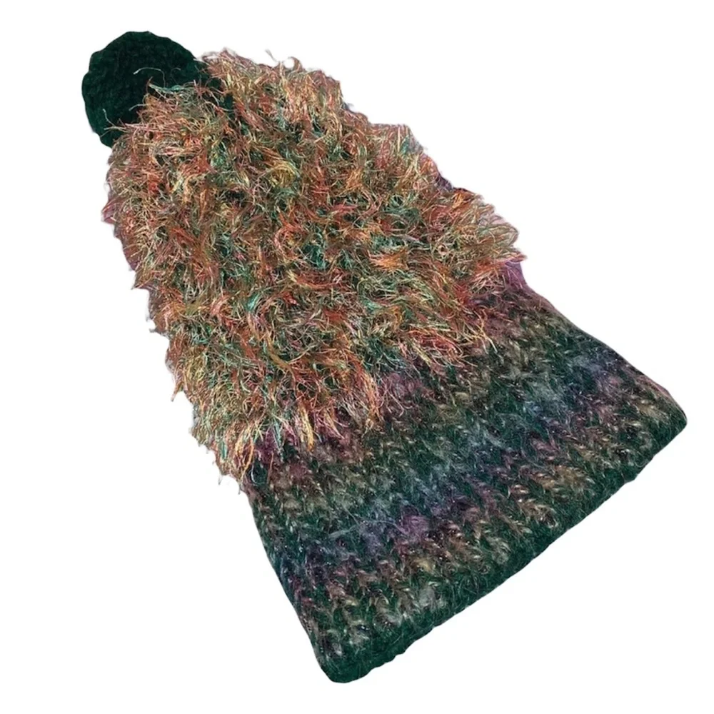 Vintage Multicolor Shaggy Knit Beanie Hat Pom‎ Pom Fuzzy Winter Cap